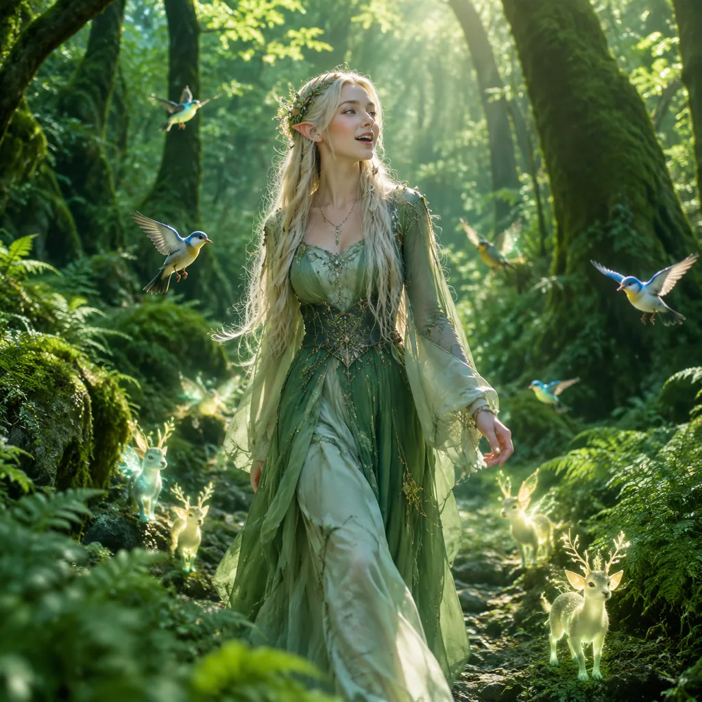 Elf woman singing in a lush forest while tiny glowing creatures follow her