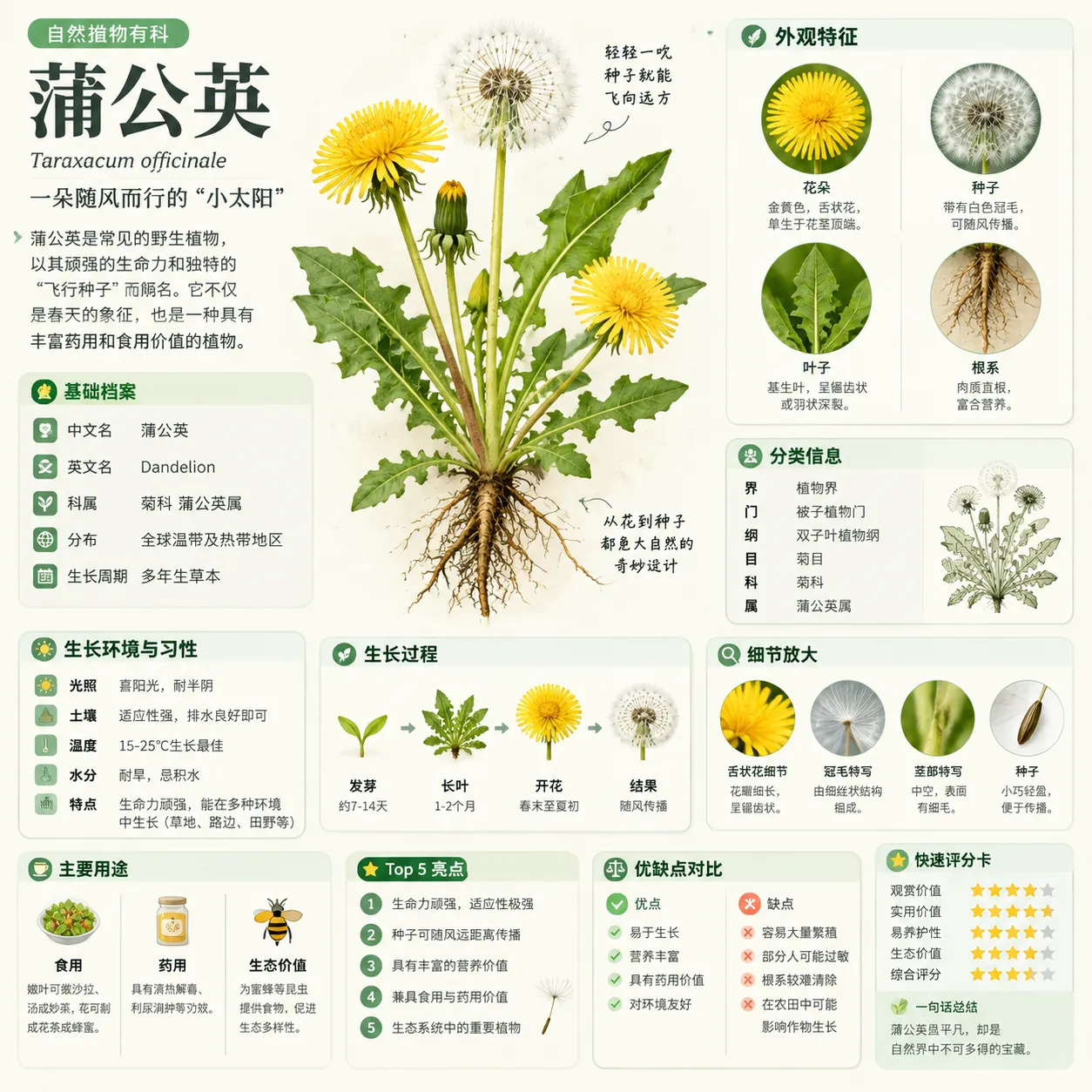 中文蒲公英科普百科信息图，包含植物主视觉、花朵/种子/叶片/根部特写和圆角信息模块
