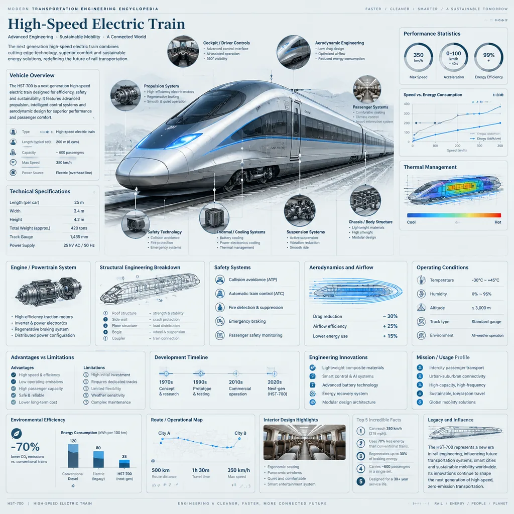 Square engineering-handbook infographic of a generic high-speed electric train with callouts, spec cards and cutaway diagrams