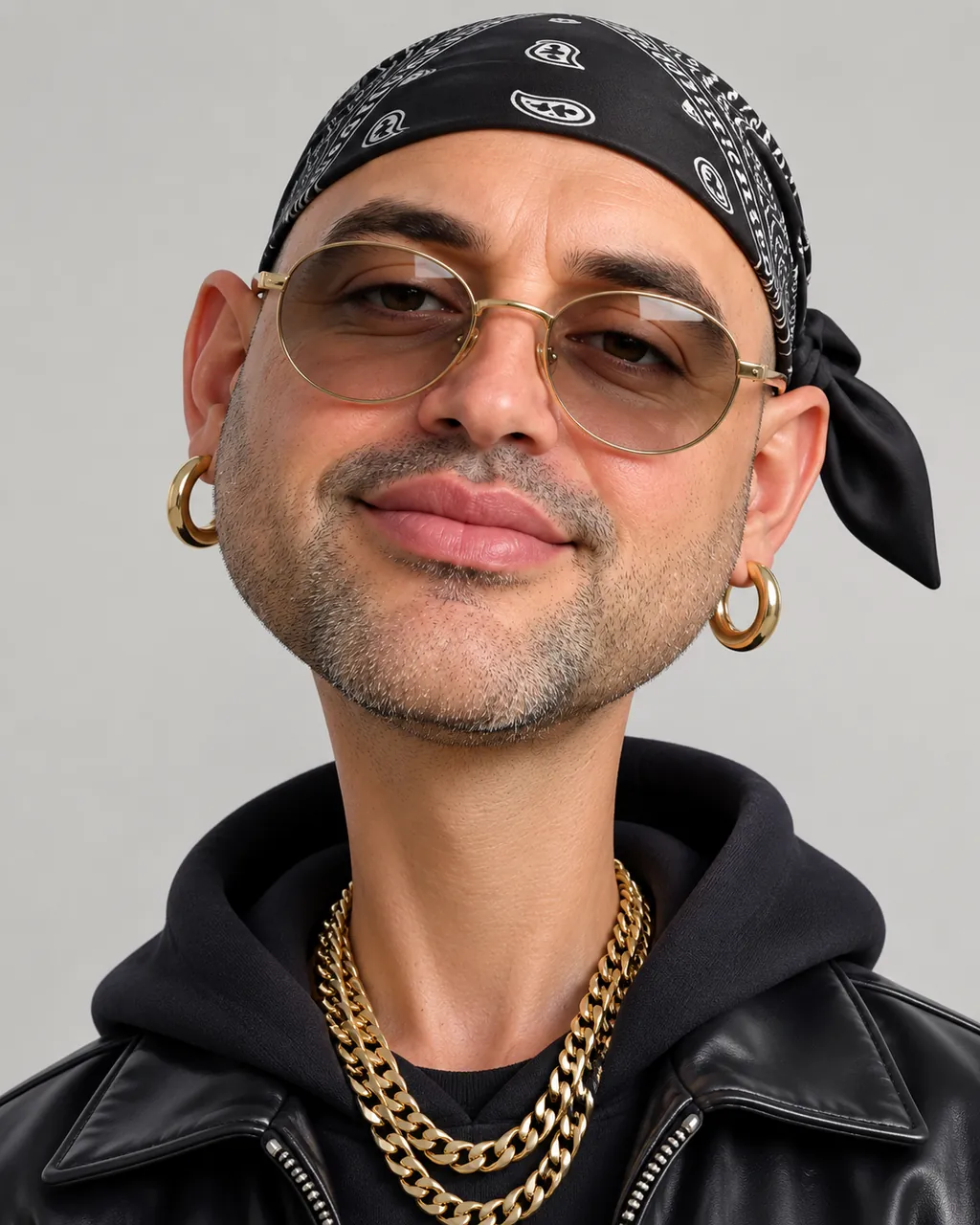 Stylized 3D caricature of a smiling man in a black paisley bandana, tinted round glasses, gold hoop earrings and heavy gold chains, grey background