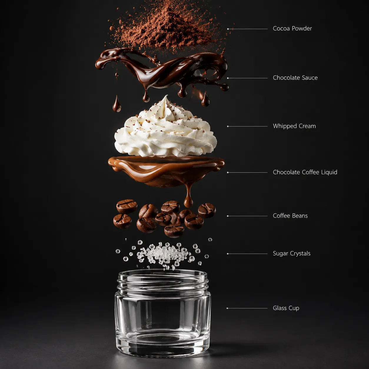 Exploded vertical view of a chocolate coffee drink on black: cocoa powder, chocolate sauce, whipped cream, coffee liquid, beans, sugar and an empty glass, labelled