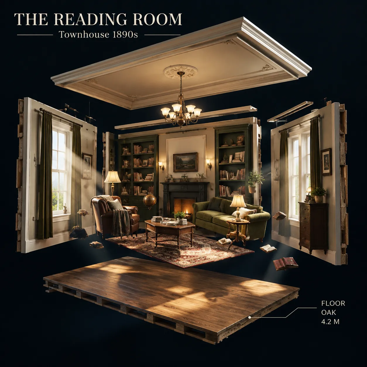 Exploded 3D view of an 1890s townhouse reading room with ceiling, walls and oak floor pulled apart around bookcases, fireplace and sofa in a dark void