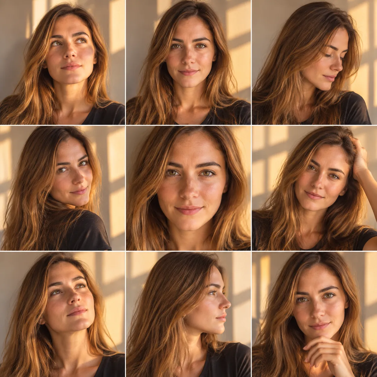 3x3 collage of a woman with long honey-brown hair in a dark t-shirt posing in warm golden window light with soft shadow patterns on a plain wall
