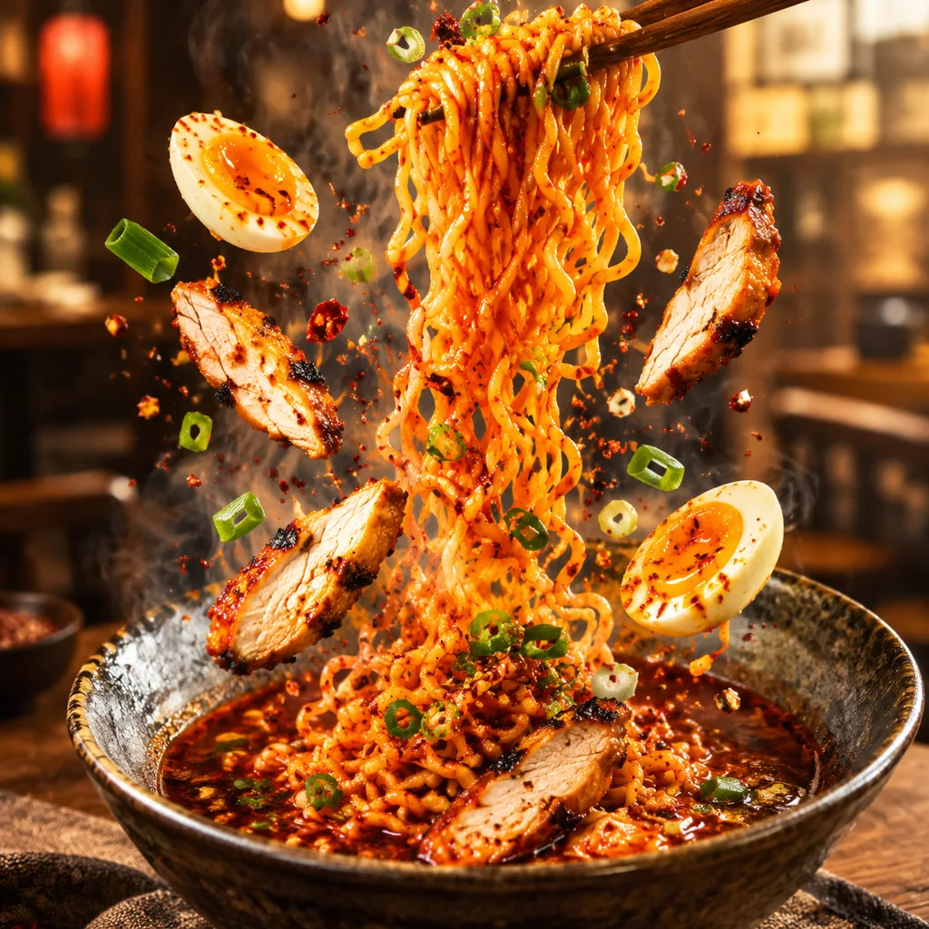 Fire noodles lifted by chopsticks with egg and chicken falling