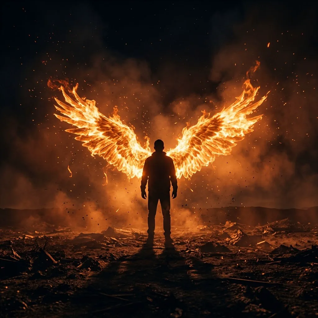 Silhouetted figure with enormous wings of orange fire standing in a smoky wasteland at night, embers rising