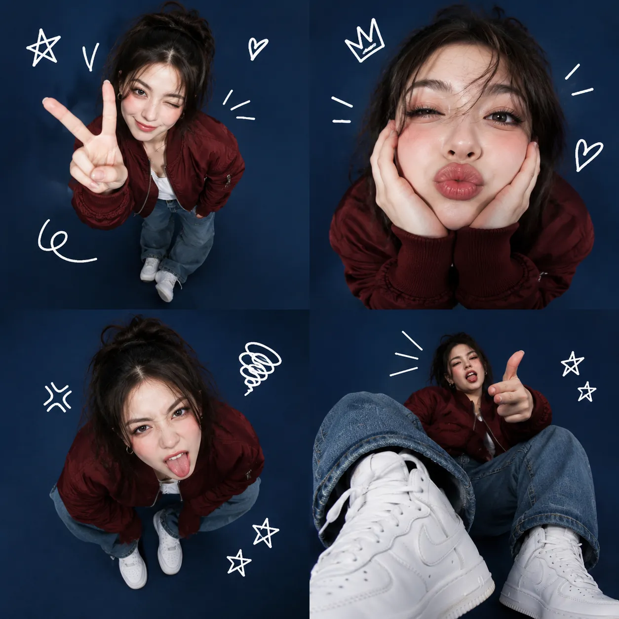 2x2 fisheye grid of a young woman in a dark red bomber jacket and jeans making playful faces with white doodles on a dark blue background, sneakers close to the lens