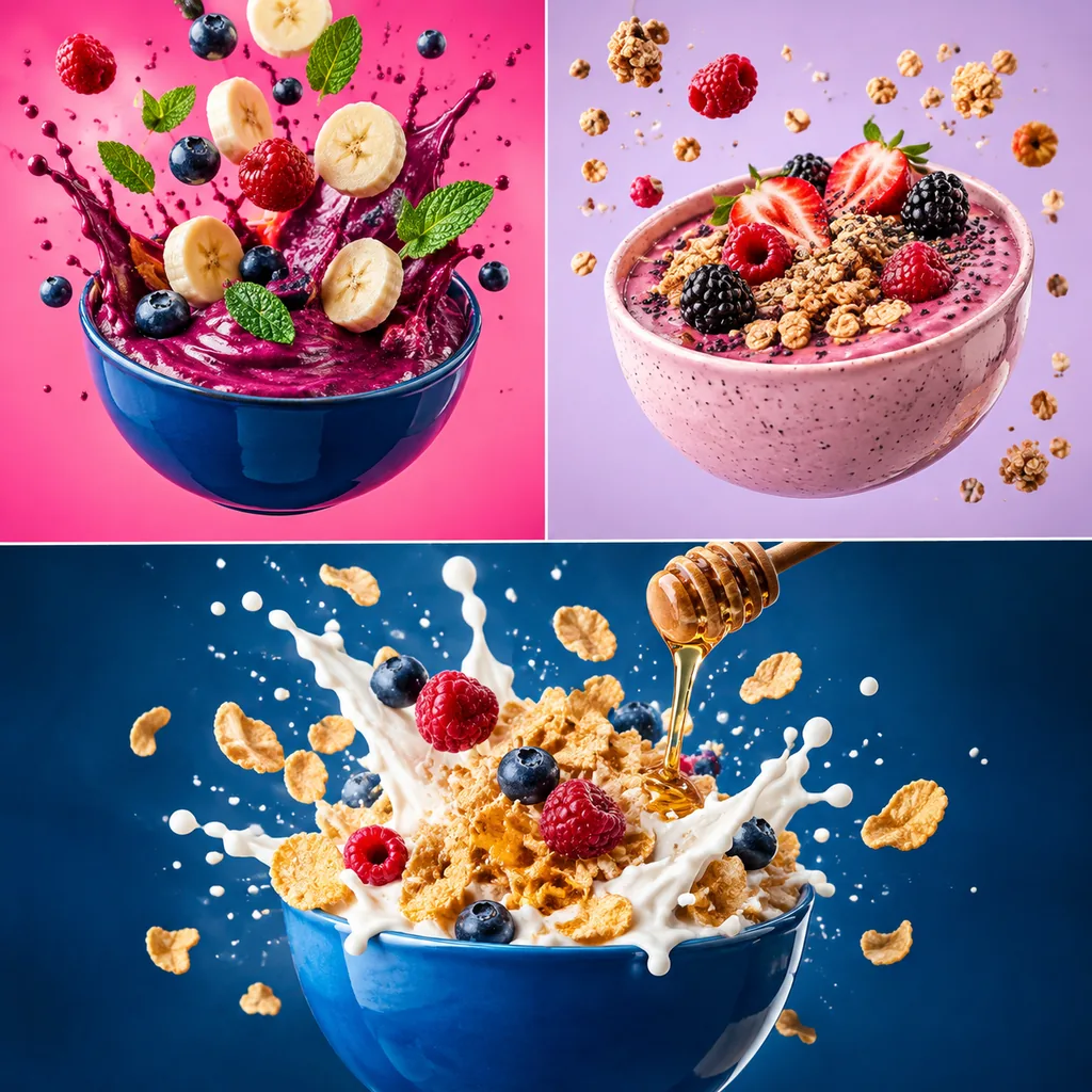 Three floating breakfast bowls: berry smoothie with banana and mint on pink, pink speckled bowl with granola and berries on lavender, and cornflakes with milk splash and honey on blue