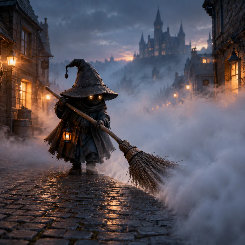 Cloaked fog sweeper mid-sweep on a misty cobbled street before sunrise