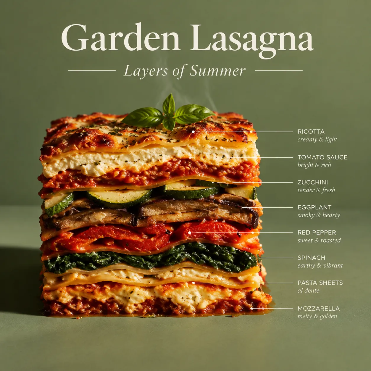 Cross-section of a garden vegetable lasagna on sage green with labeled layers of ricotta, tomato sauce, zucchini, eggplant and spinach, titled Garden Lasagna