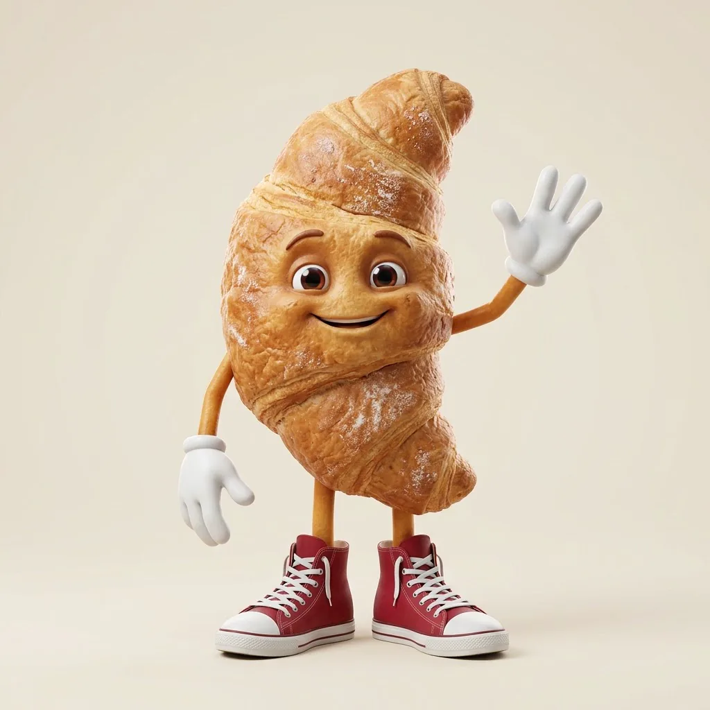3D croissant mascot with big eyes and a smile, white cartoon gloves and red high-top sneakers, waving on a cream background
