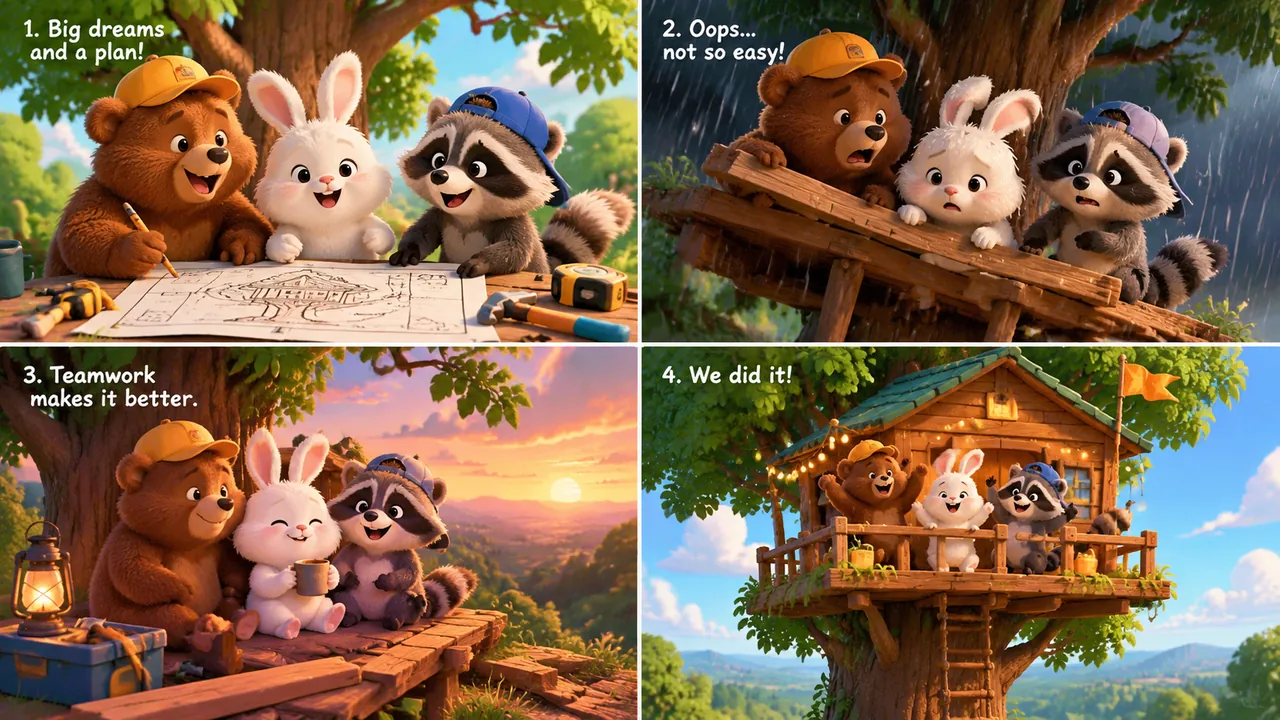 Four-panel cartoon of a bear, a white bunny and a raccoon planning, struggling, working at sunset and celebrating in a finished treehouse