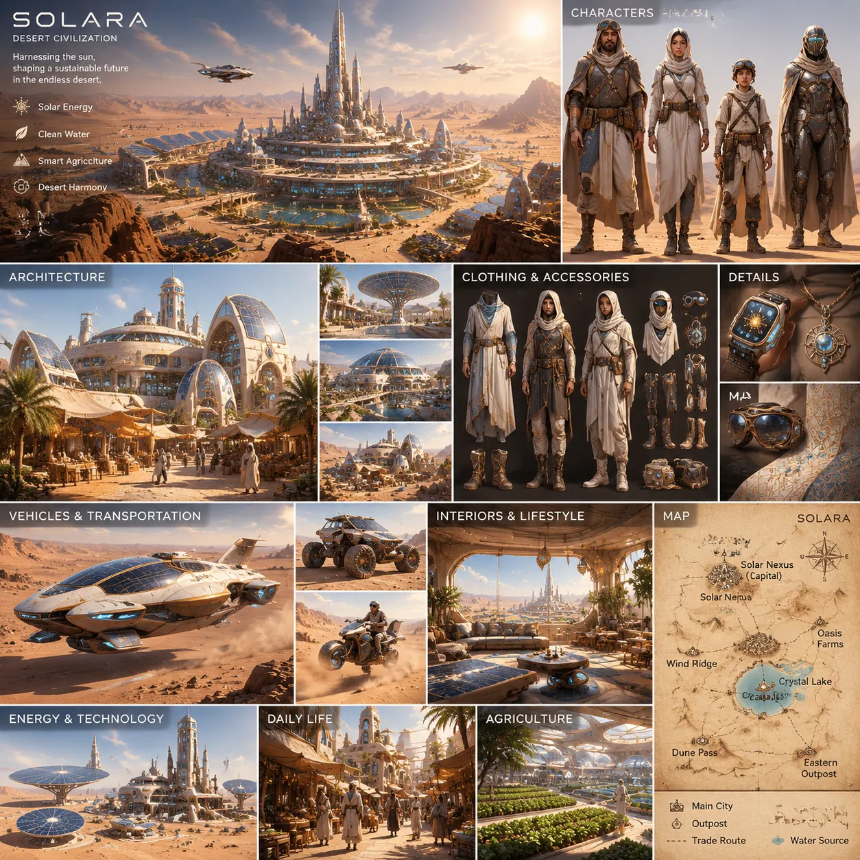 Concept art board titled SOLARA: futuristic domed desert city, robed characters, clothing details, hover vehicles, interiors, farms and a parchment map