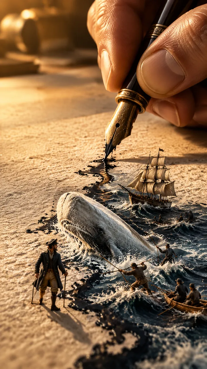 Giant hand writing with a fountain pen as tiny whaling ships, a white whale and a peg-legged captain emerge from the ink on textured paper