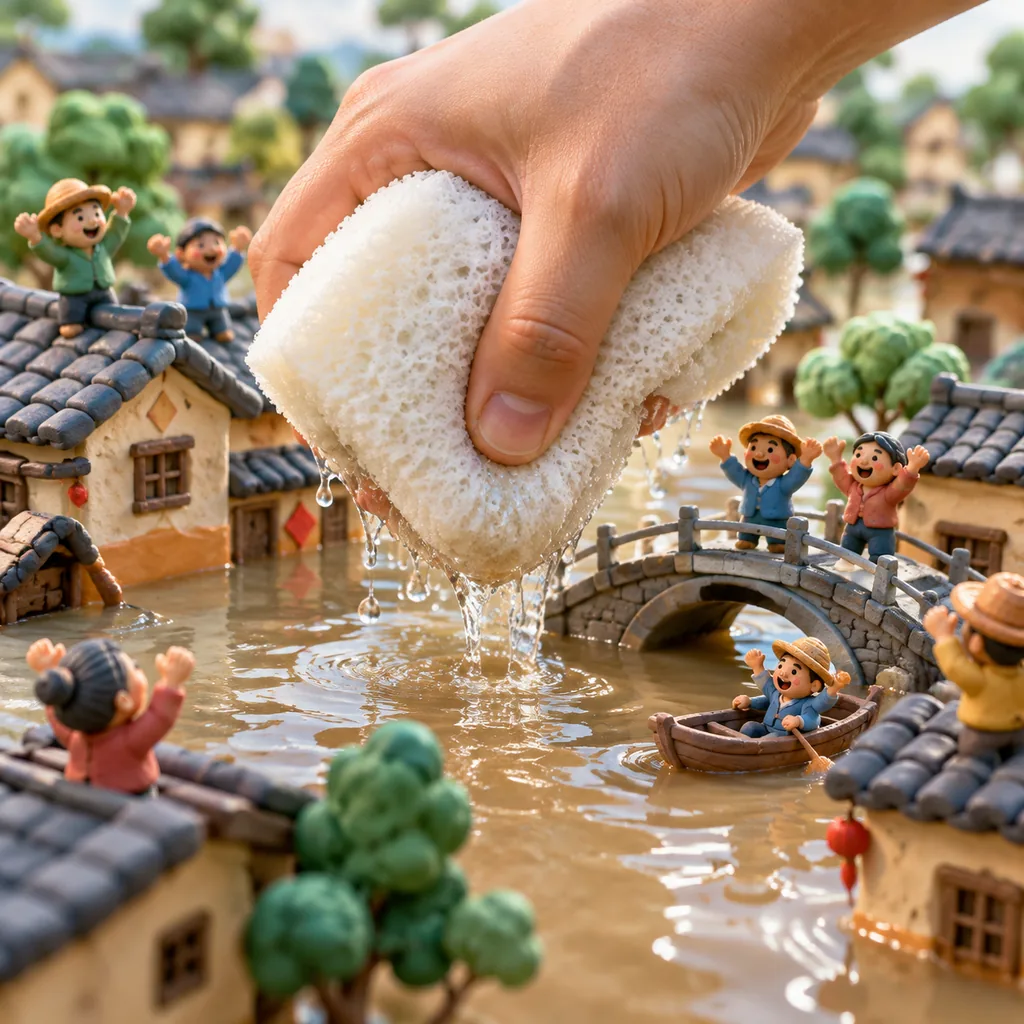黏土移轴场景：巨手把海绵挤在被淹的黏土村庄上方，小村民在欢呼