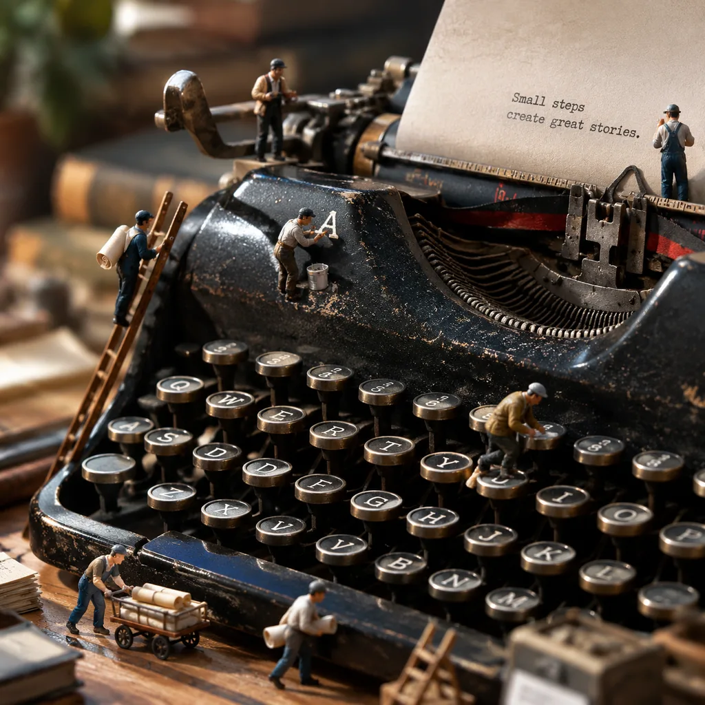 Hyper-real macro photo of tiny figures climbing the keys of a giant vintage typewriter and carrying paper scrolls
