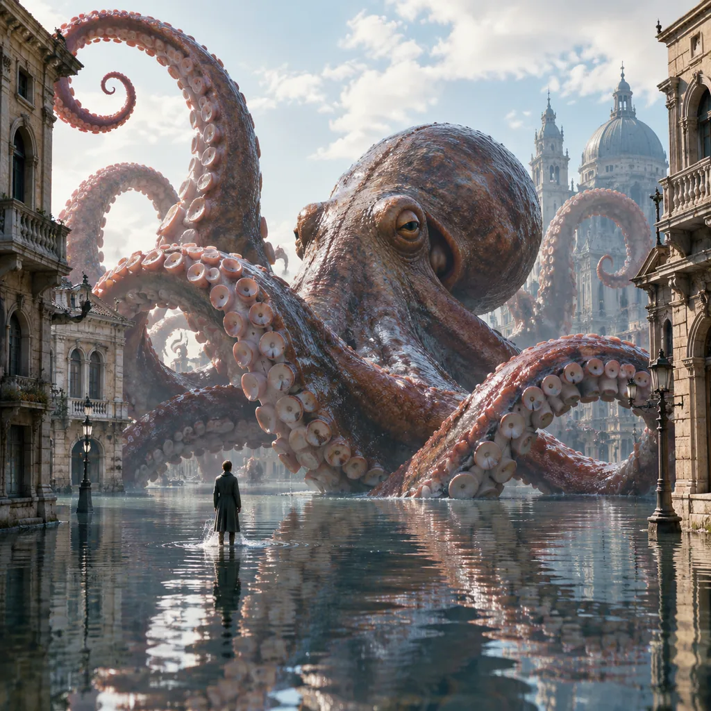 Giant octopus rising over a flooded classical street, tiny figure in the water