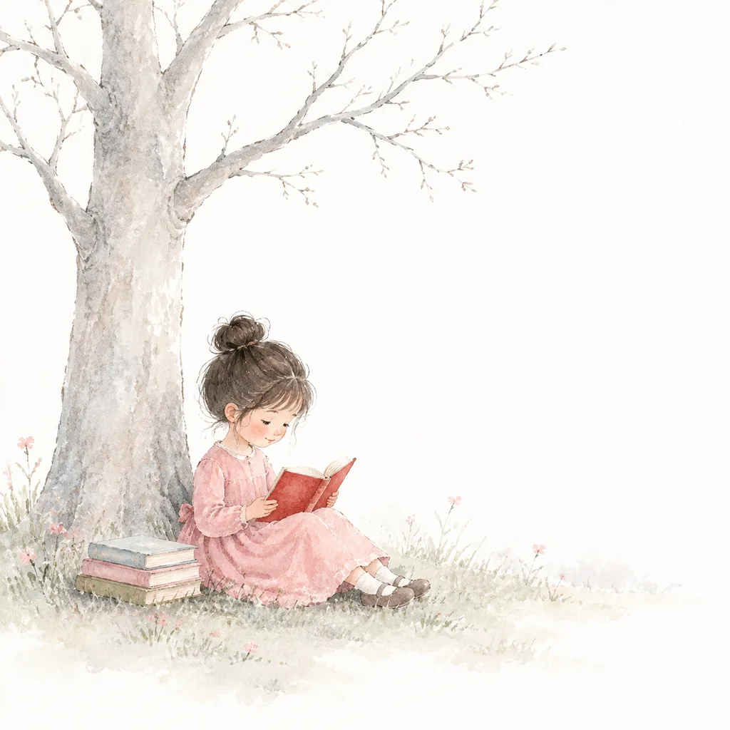 Soft watercolor of a little girl in a pink dress reading a red book against a bare tree, a stack of books beside her