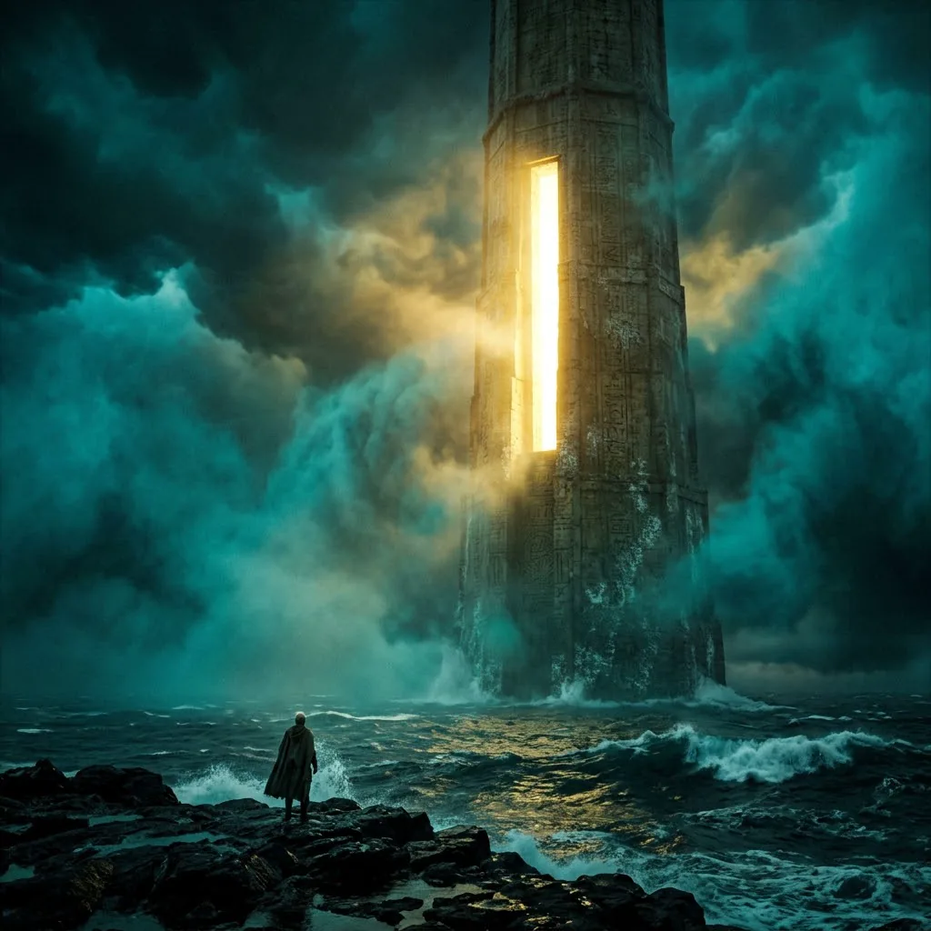 Giant dark tower in a stormy teal sea with a bright golden slit of light, a small figure standing on the rocky shore