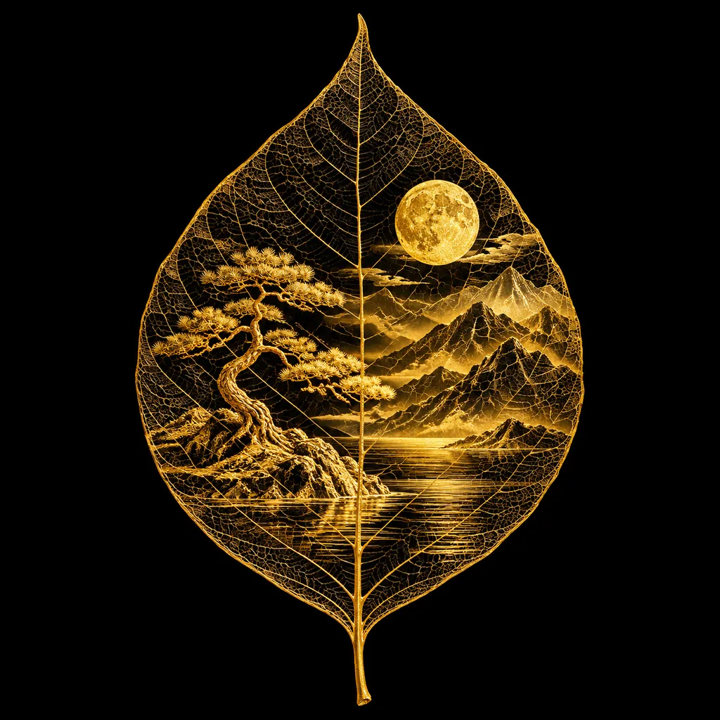 Golden leaf skeleton on black containing a tiny landscape of a pine on a rock, misty mountains, a lake and a full moon