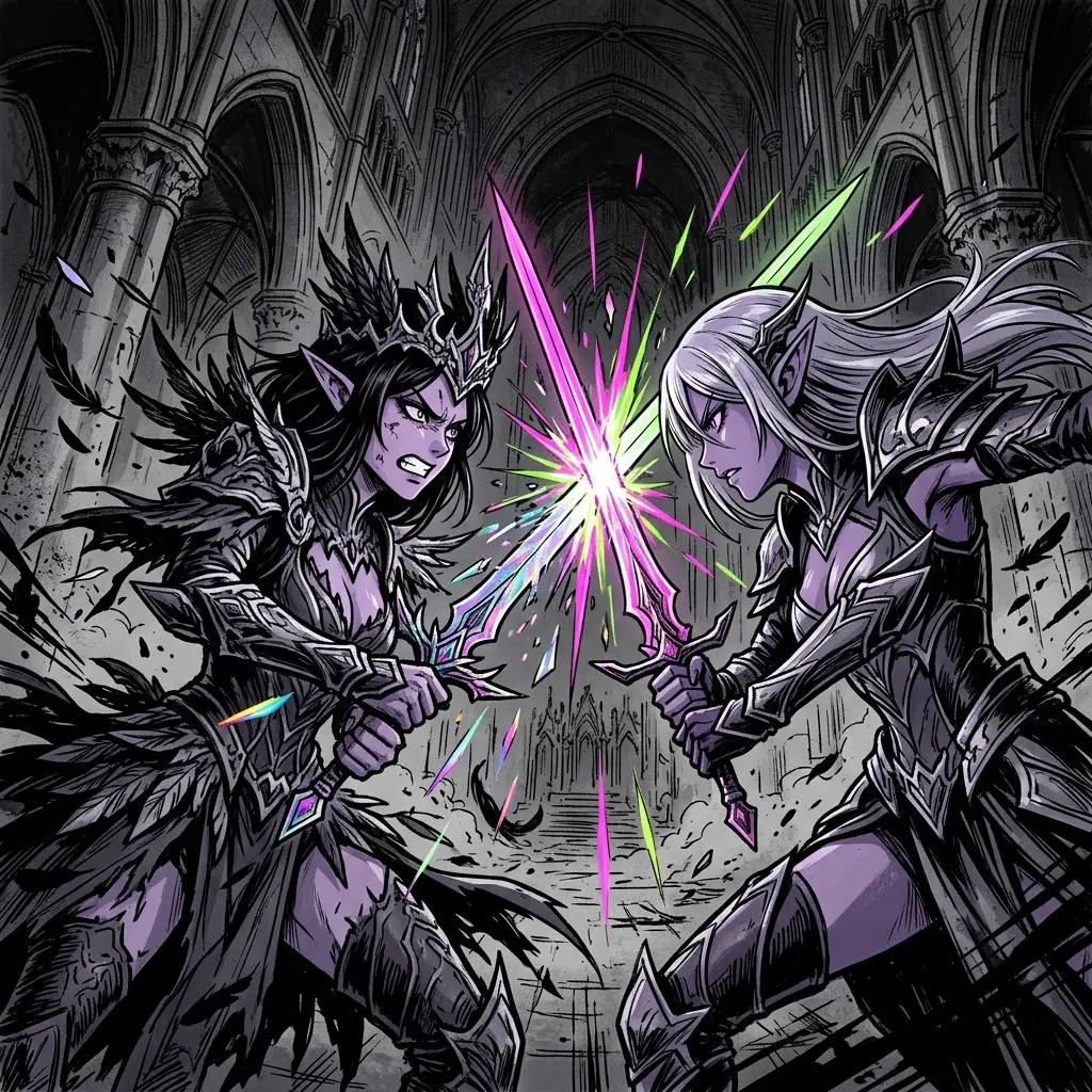 Gothic ink anime frame of two dark elven swordswomen clashing blades in a ruined cathedral, neon pink and green sparks flying