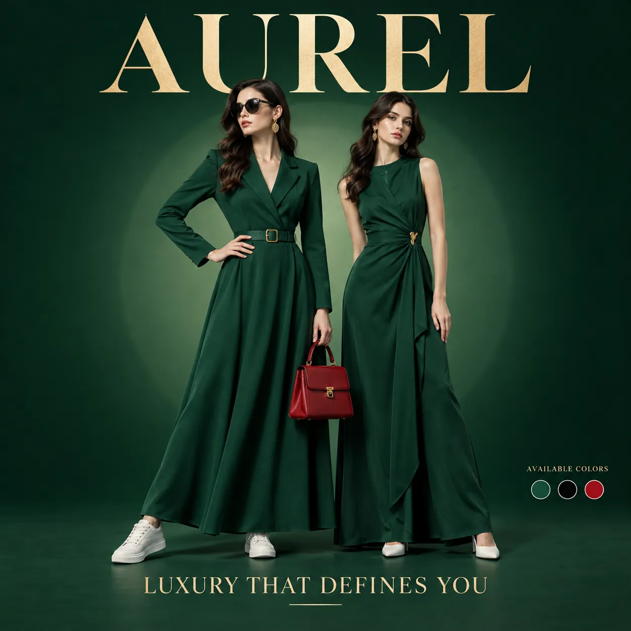 Fashion poster with two models in long green dresses on a deep green background, one holding a red handbag, the brand name AUREL in gold serif above