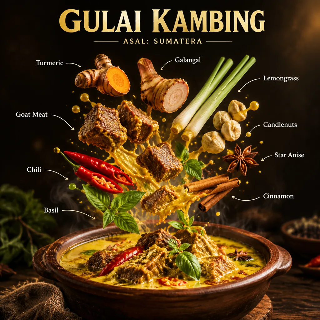 Goat curry bowl with floating spices and curved label arrows
