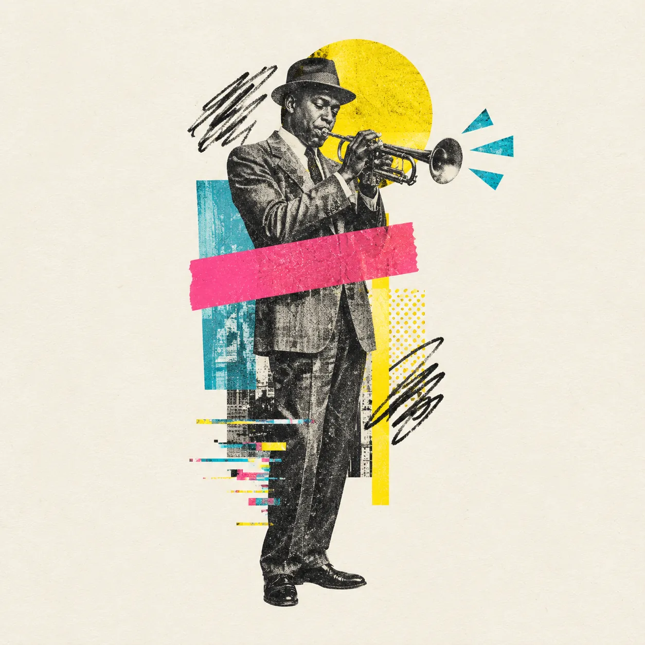 Halftone collage of a jazz trumpeter in a vintage suit and hat with cyan and yellow riso shapes, black scribbles and a pink tape strip on cream paper