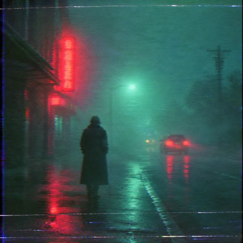 VHS-style frame of a lone figure in a long coat on a foggy teal street at night under a red neon glow