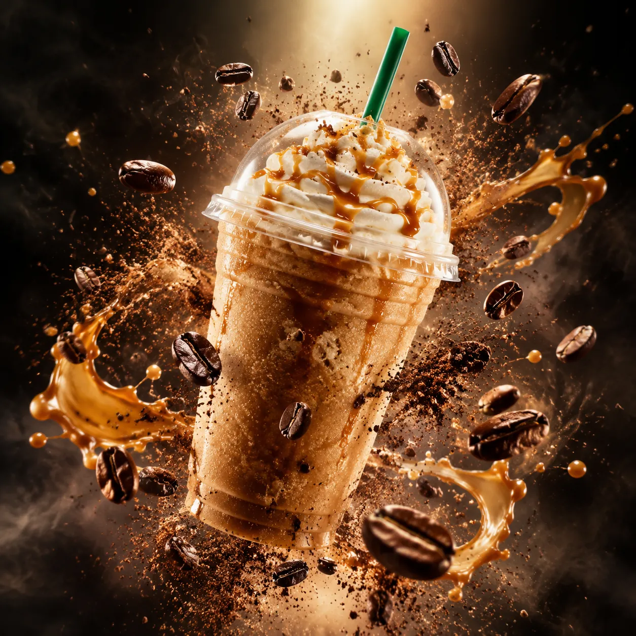 Plain clear cup of iced caramel blended coffee with whipped cream and caramel drizzle floating amid exploding coffee beans and caramel splashes on dark smoke