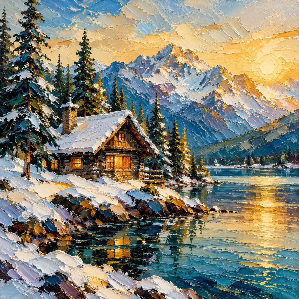 Thick impasto oil painting of an alpine cabin by a lake at dawn, sculptural snow and pines