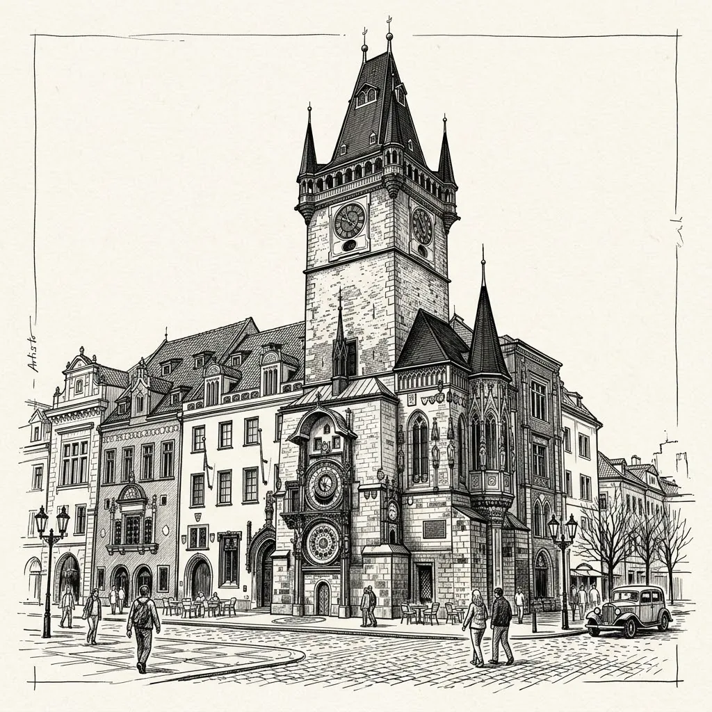 Black ink architectural sketch of Prague's Old Town Hall clock tower and square with cross-hatching, people and a vintage car