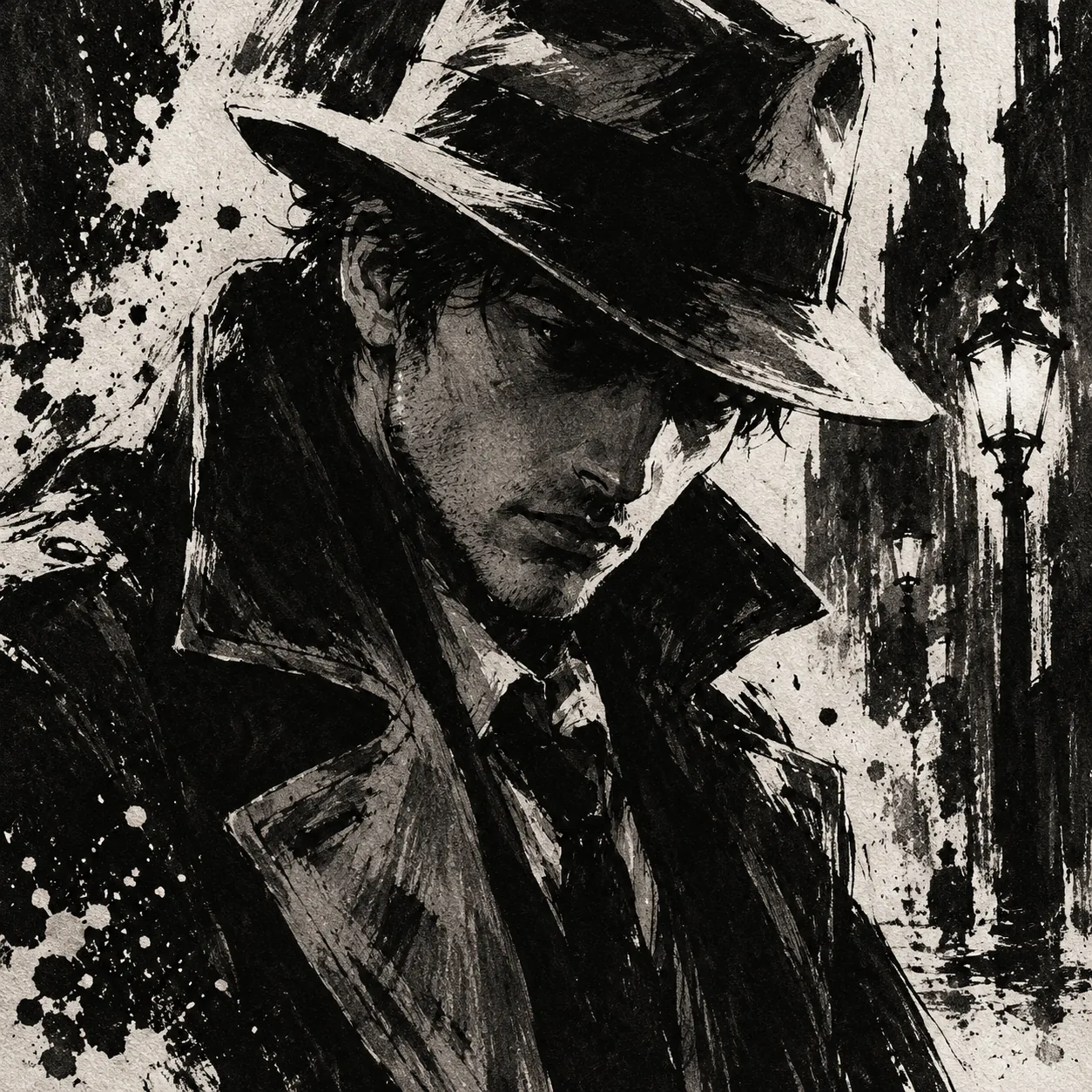 Black ink brush illustration of a detective in a fedora and trench coat, eyes shadowed by the hat brim, ink splatter and a street lamp behind