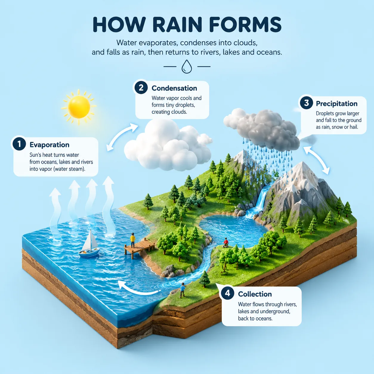 Isometric diorama titled HOW RAIN FORMS: terrain block with ocean, river and mountains, sun and rain cloud, four numbered water-cycle stages on pale blue