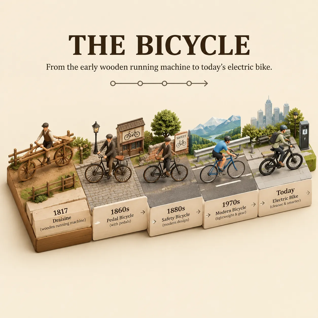 Isometric diorama titled THE BICYCLE with stepped sections labelled 1817, 1860s, 1880s, 1970s and Today, tiny cyclists on each era's bike