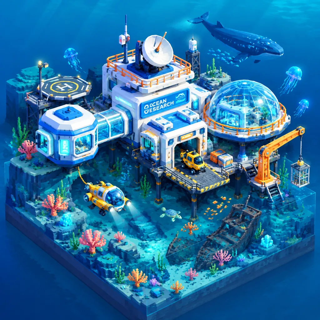 Isometric miniature world of an underwater research station with glass domes, a yellow submarine, coral and tiny divers