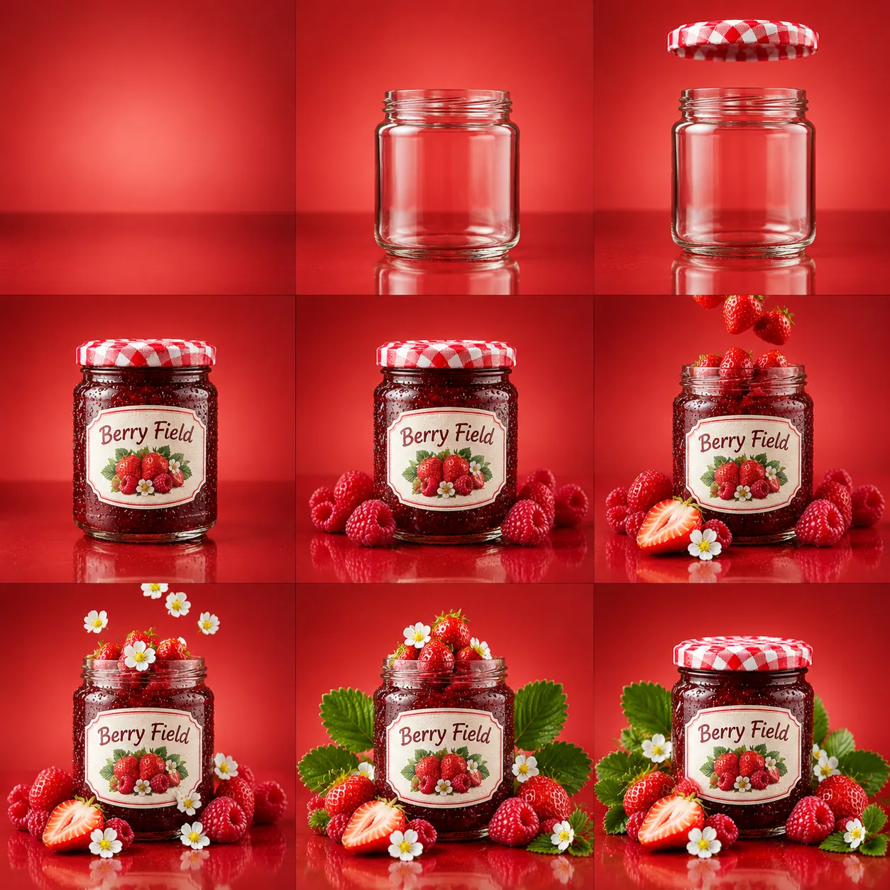 Nine-panel storyboard of a Berry Field jam jar being assembled on a red set: empty jar, lid, filled jar, then strawberries, raspberries, flowers and leaves