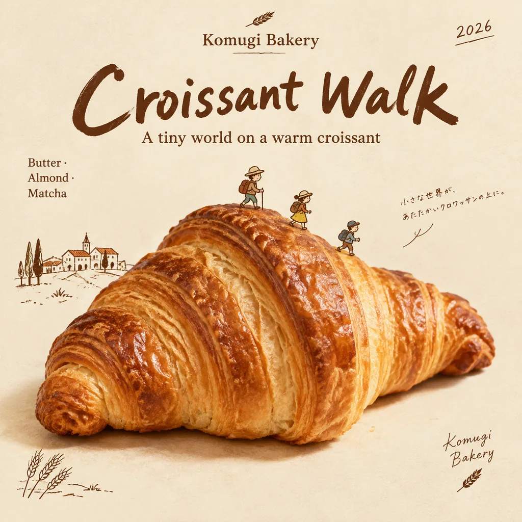 Bakery poster with a giant croissant as a hill climbed by tiny hand-drawn hikers, titled Croissant Walk, with Japanese handwritten notes