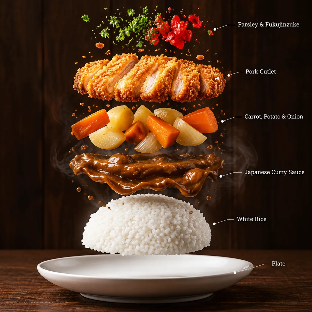 Exploded katsu curry with floating cutlet sauce and rice