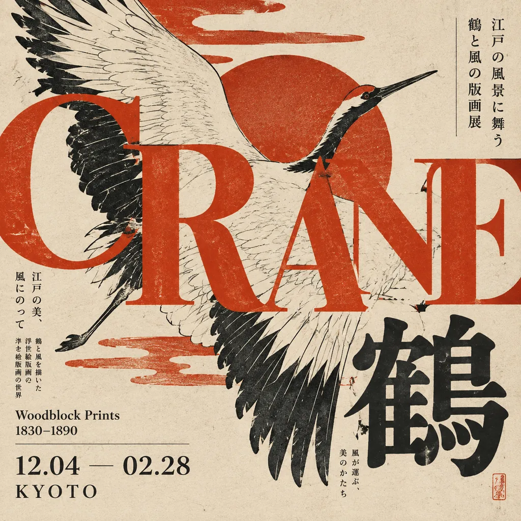 展览海报：米色纸上巨大的朱红色 CRANE 字母与汉字“鶴”，一只木版画风格的仙鹤穿过文字