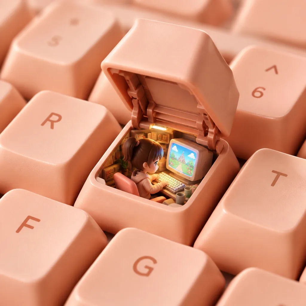 Macro 3D render of a pastel keycap opened like a cockpit revealing a tiny chibi figure at a glowing retro CRT