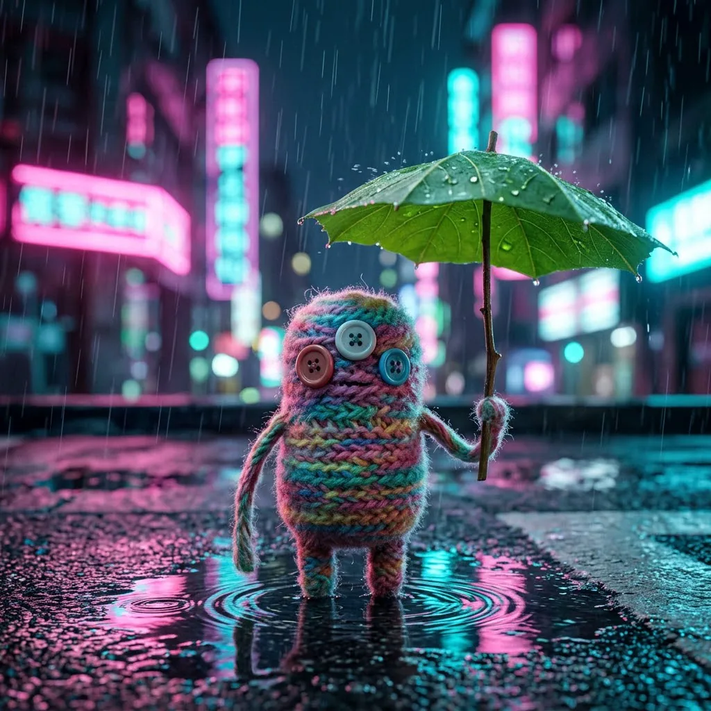 三颗纽扣眼的小毛线怪在雨夜霓虹屋顶上撑开一片叶子伞