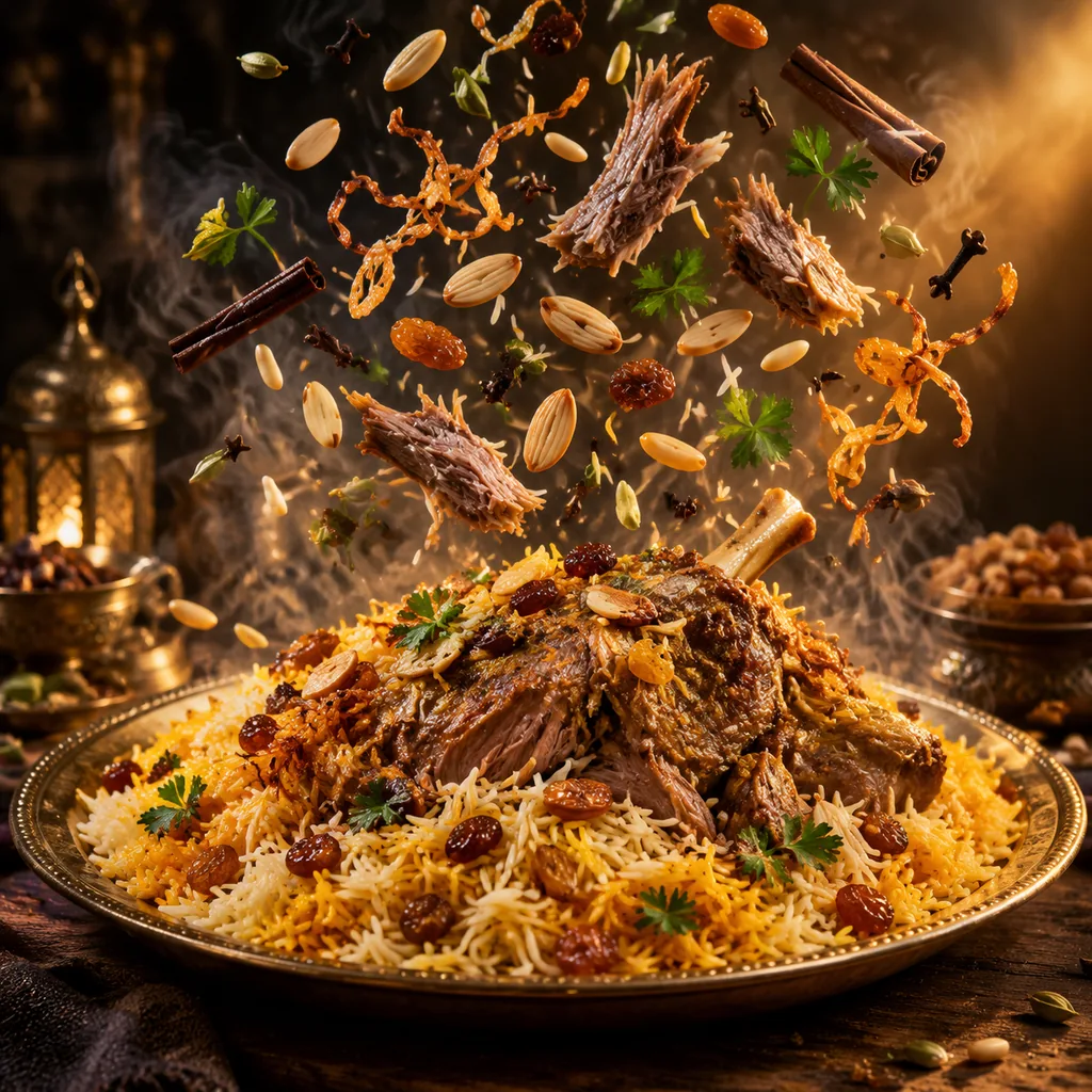 Lamb mandi platter with rice grains and nuts frozen mid-air