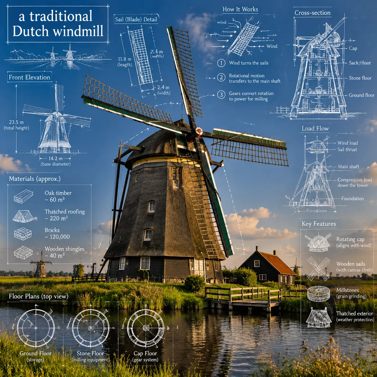 Photo of a Dutch windmill by a canal overlaid with white blueprint sketches: elevation, sail detail, cross-section, materials list and floor plans