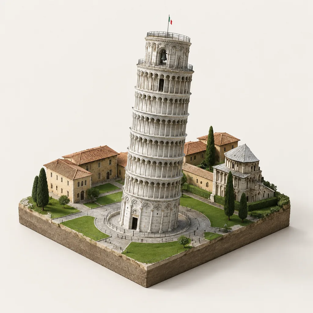 Isometric miniature model of the Leaning Tower of Pisa on a small square grass base with soft shadows