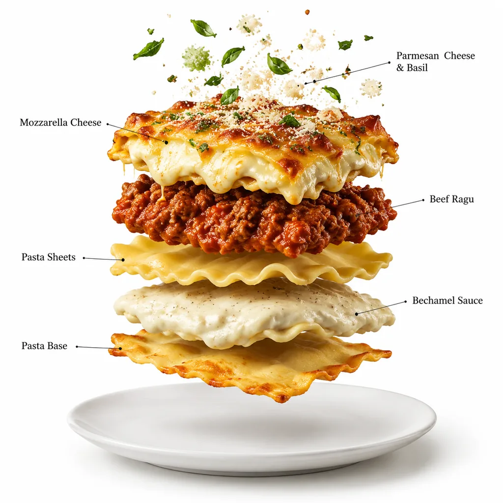 Exploded lasagna slice with floating cheese ragu pasta and bechamel
