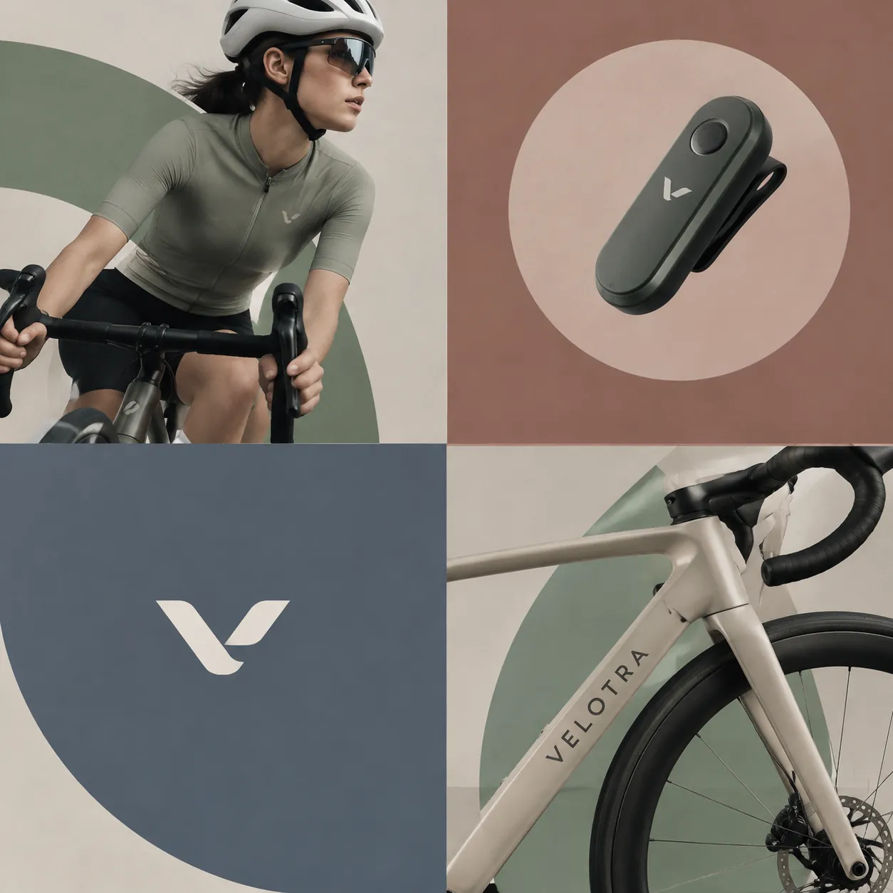 2×2 editorial poster in muted sage and slate: cyclist in helmet, floating bike light in a dusty pink circle, V logo block and bike frame reading VELOTRA