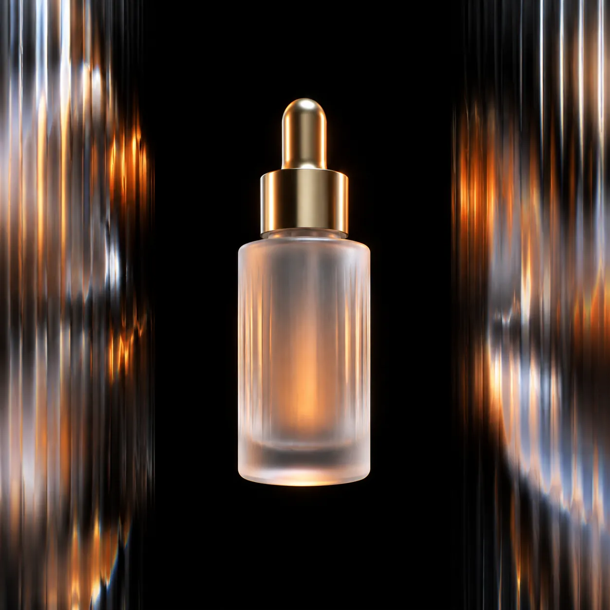 Frosted glass serum bottle with a gold dropper floating in a pitch-black void, glowing orange inside, framed by streaks of light refracted through fluted glass