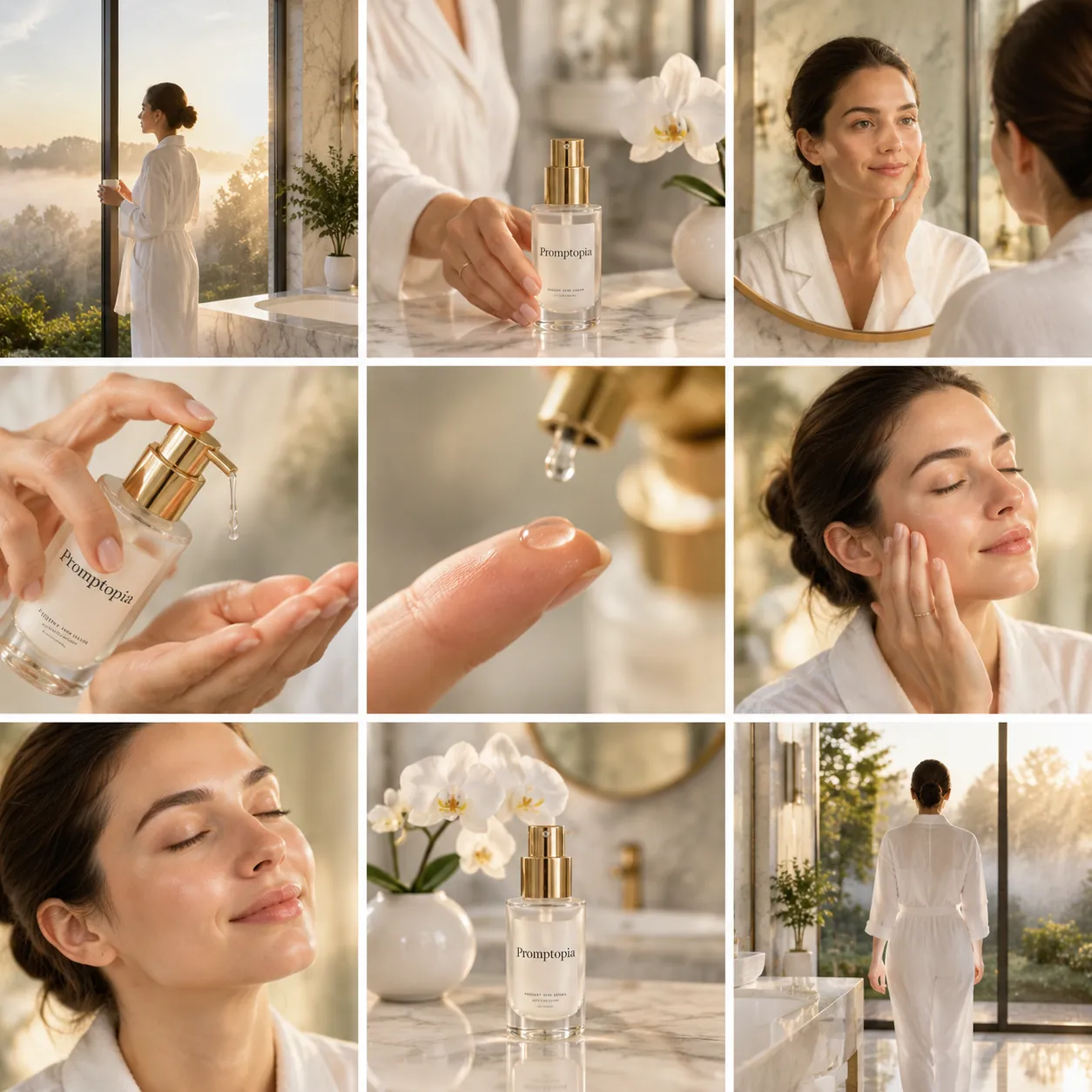Nine-shot collage of a woman in a white robe using a gold-pump serum bottle in a sunlit marble bathroom, with window views, serum drops and an orchid