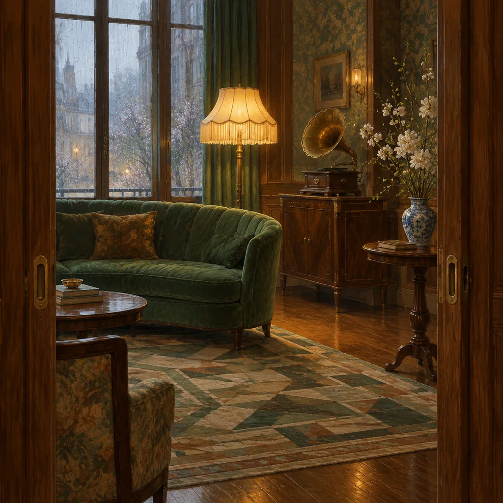 1920s living room seen through open pocket doors, green velvet sofa and gramophone