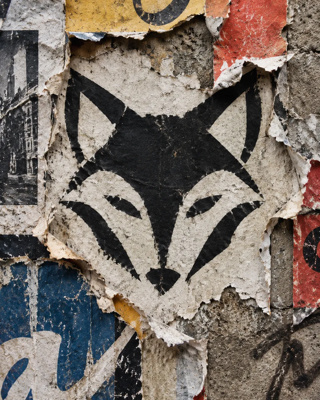 Black geometric fox-head logo revealed through layers of torn, aged posters on a weathered street wall, with curled paper edges and faded red and blue scraps